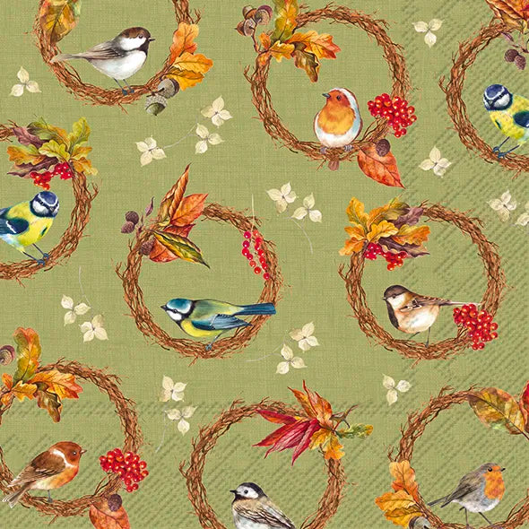 Serviett kaffe Birds In The Wreath Green IHR